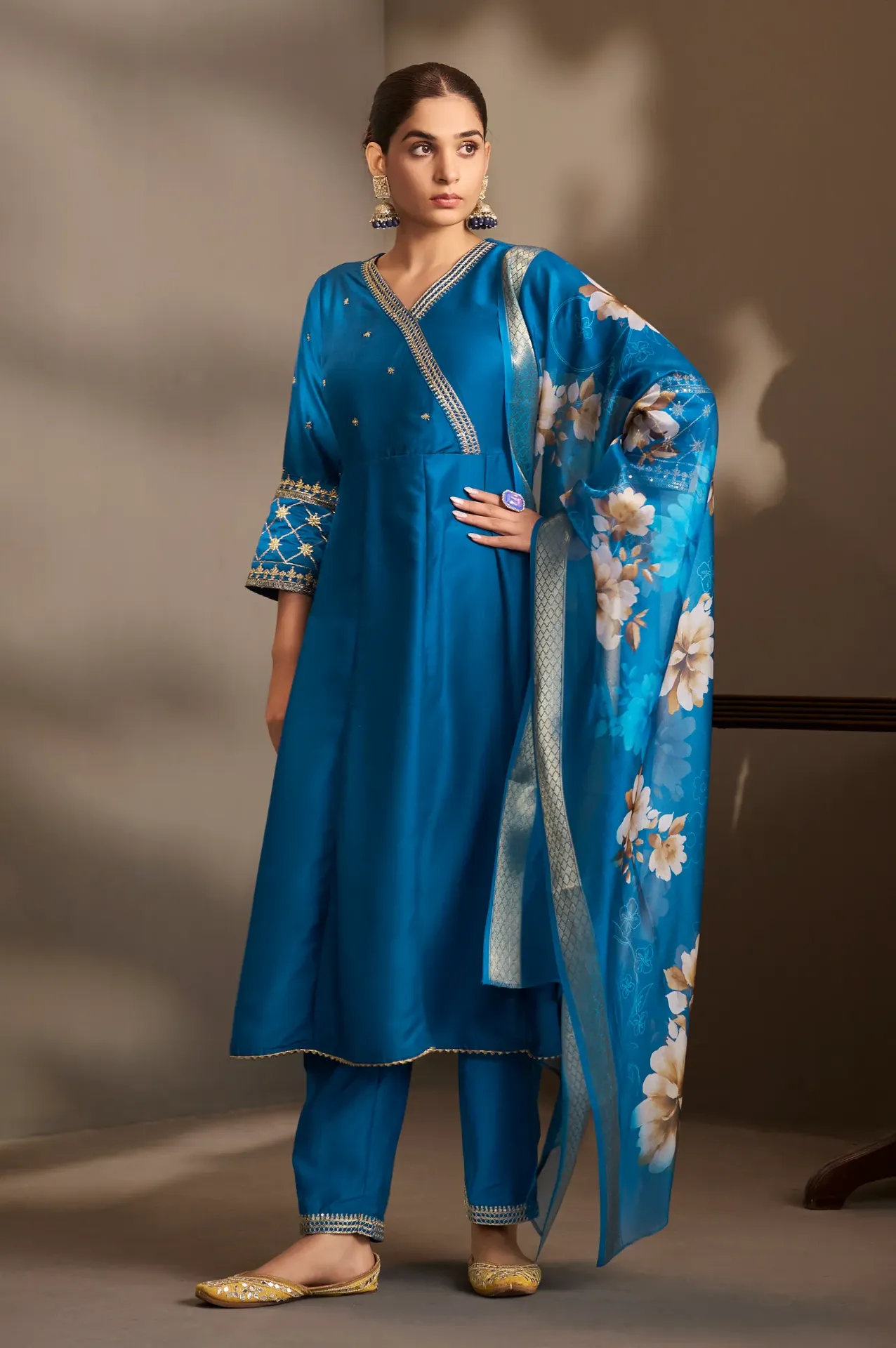 Women Blue Cotton Embroidered Straight Anarkali Kurta Set with Printed Organza Dupatta & Pants (S)