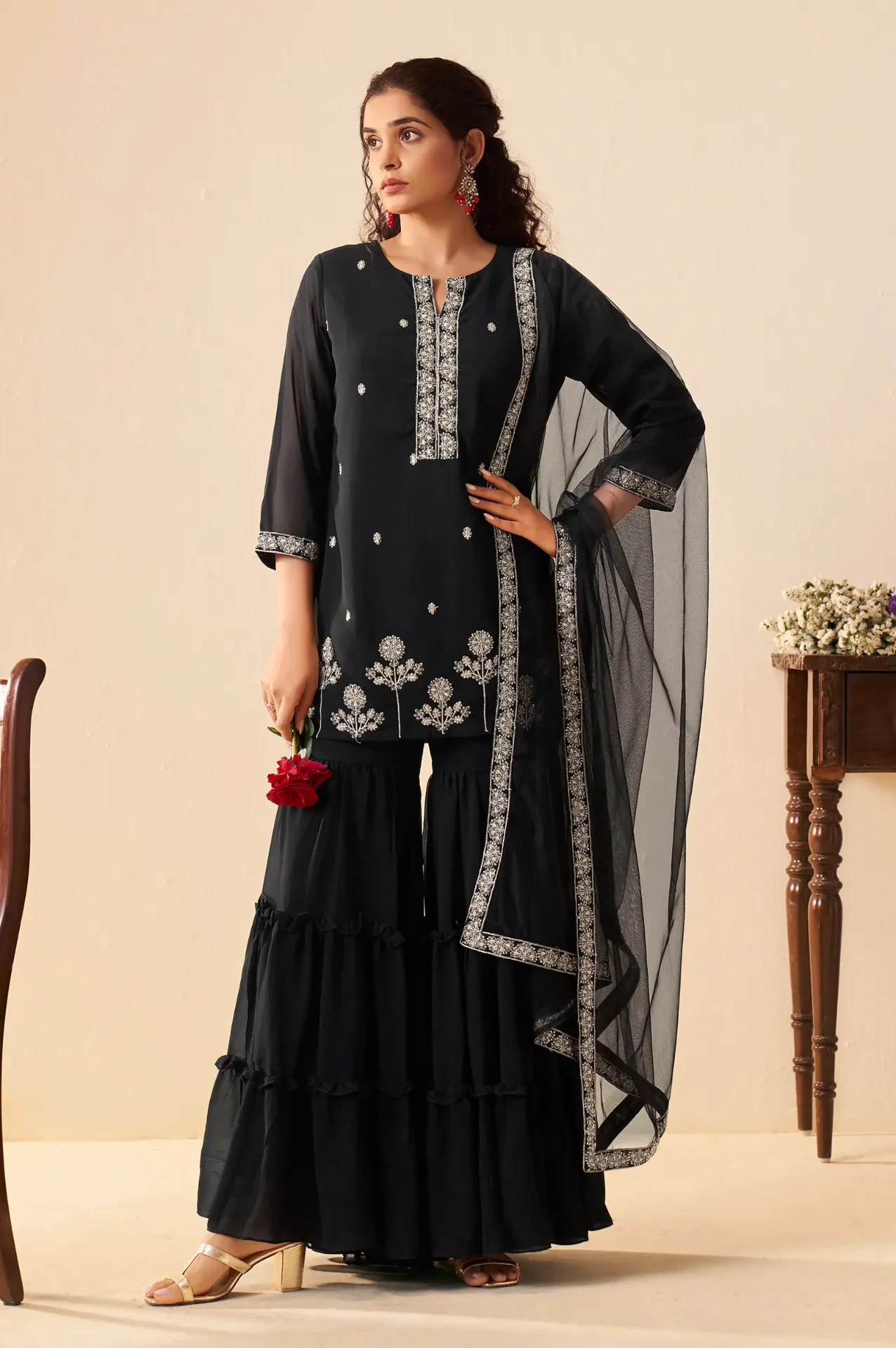 Women Black Georgette Handwork Embroidered Straight Kurta with Sharara & Net Dupatta (S)