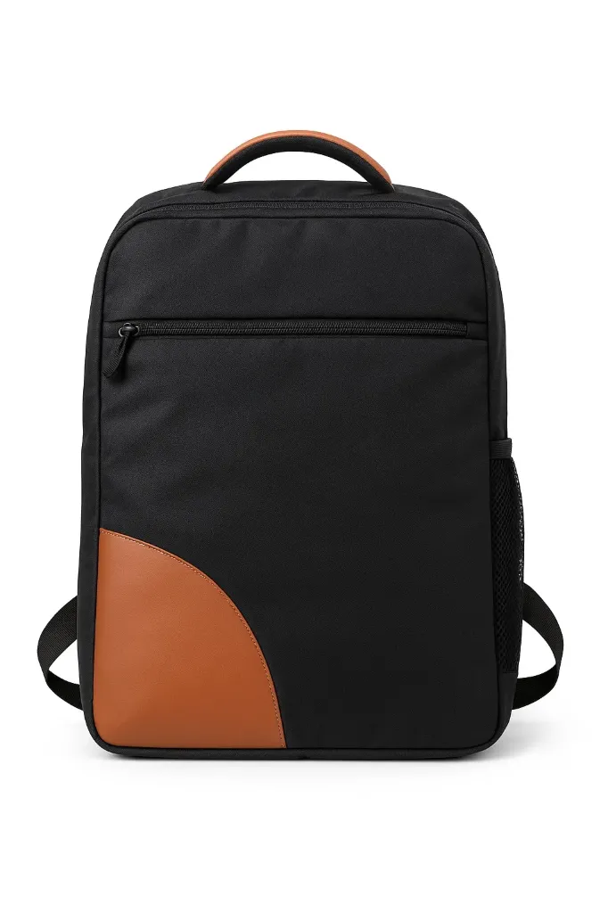Black Laptop Backpack with Tan Rexin Patch
