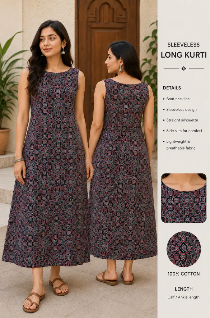 Women Pure Cotton Sleeveless Long Kurti