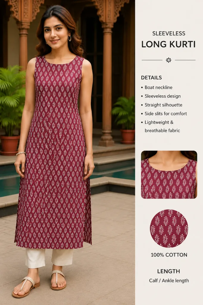 The Specific Wine Blossom Sleeveless Cotton Kurti