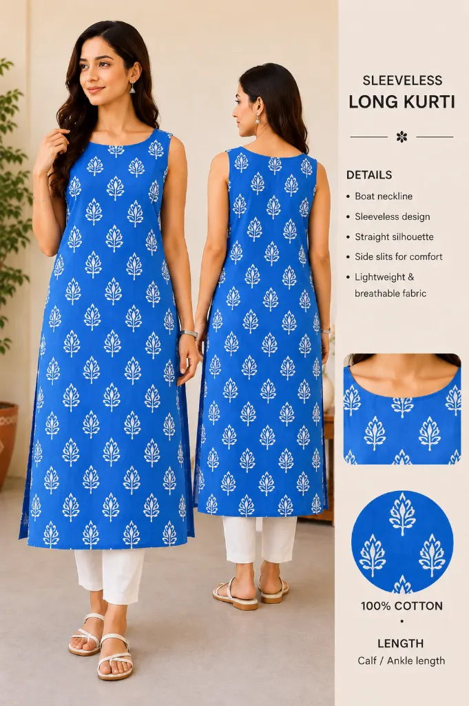 The Specific Royal Blue Leaf Print Sleeveless Kurti (S)
