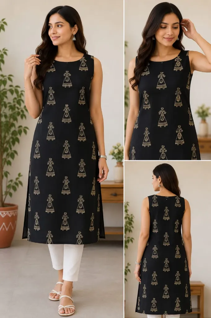 The Specific Noir Doll Print Sleeveless Kurti (S)