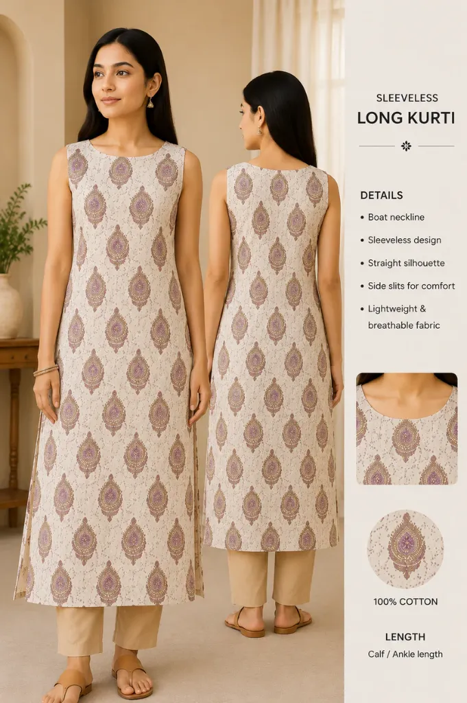 The Specific Ivory Paisley Sleeveless Cotton Kurti